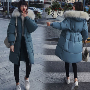 Solid Fur Hooded Thicken Zipper Long Down Coats Women Casual Long Sleeve Lace Up Warm Cotton Coats Female Hardy Jackets New