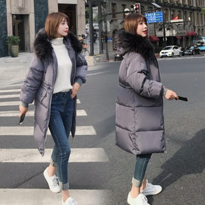 Solid Fur Hooded Thicken Zipper Long Down Coats Women Casual Long Sleeve Lace Up Warm Cotton Coats Female Hardy Jackets New