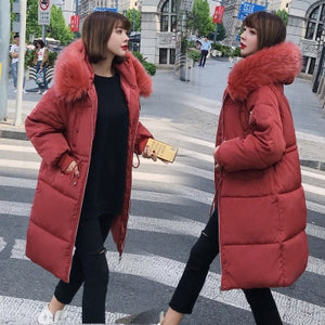 Solid Fur Hooded Thicken Zipper Long Down Coats Women Casual Long Sleeve Lace Up Warm Cotton Coats Female Hardy Jackets New