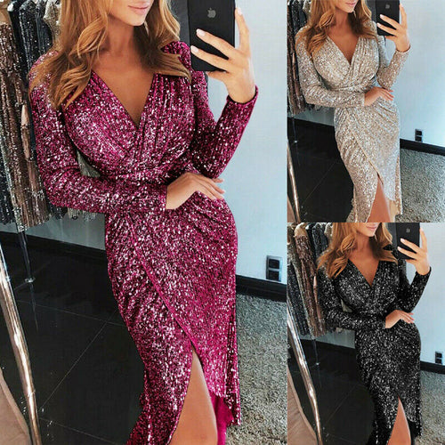 2019 Sequin Party Dress Glitter Dress Women Sexy V neck Bodycon Slim Glitter Dress Vestidos Elegant Ladies Party Dress