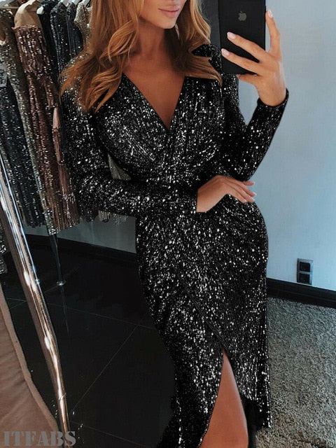 2019 Sequin Party Dress Glitter Dress Women Sexy V neck Bodycon Slim Glitter Dress Vestidos Elegant Ladies Party Dress