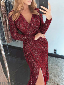 2019 Sequin Party Dress Glitter Dress Women Sexy V neck Bodycon Slim Glitter Dress Vestidos Elegant Ladies Party Dress