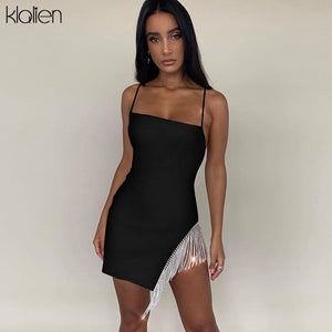 KLALIEN tassel Sexy solid strapless Sleeveless Patchwork Bodycon Dress 2019 new autumn Fashion elegant senior Club Party Women