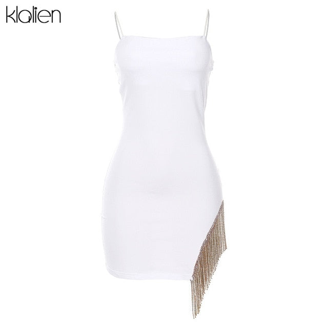 KLALIEN tassel Sexy solid strapless Sleeveless Patchwork Bodycon Dress 2019 new autumn Fashion elegant senior Club Party Women