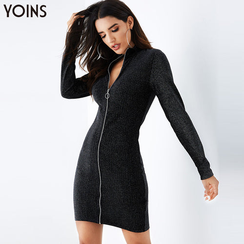 YOINS 2019 Autumn Winter Women Bodycon Dress Black V-Neck  Zip Front Long Sleeves Sexy Party Club Ladies Dresses Shinny Style