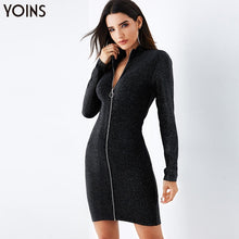 Load image into Gallery viewer, YOINS 2019 Autumn Winter Women Bodycon Dress Black V-Neck  Zip Front Long Sleeves Sexy Party Club Ladies Dresses Shinny Style