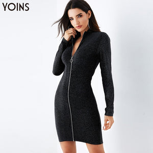 YOINS 2019 Autumn Winter Women Bodycon Dress Black V-Neck  Zip Front Long Sleeves Sexy Party Club Ladies Dresses Shinny Style