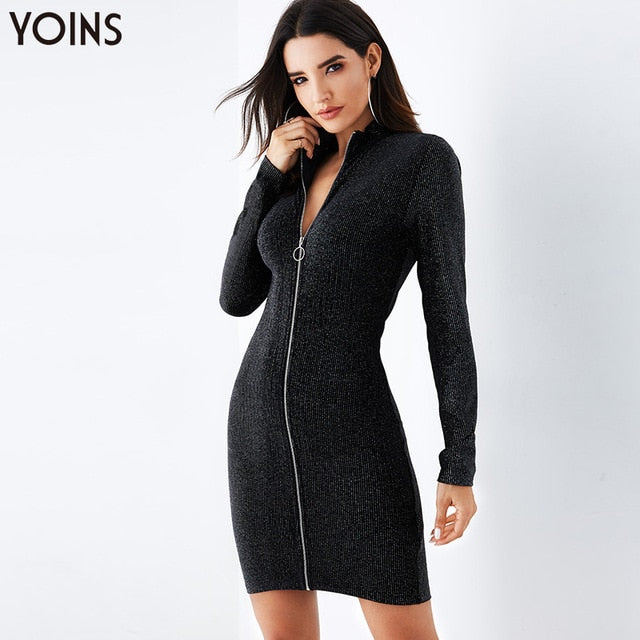 YOINS 2019 Autumn Winter Women Bodycon Dress Black V-Neck  Zip Front Long Sleeves Sexy Party Club Ladies Dresses Shinny Style