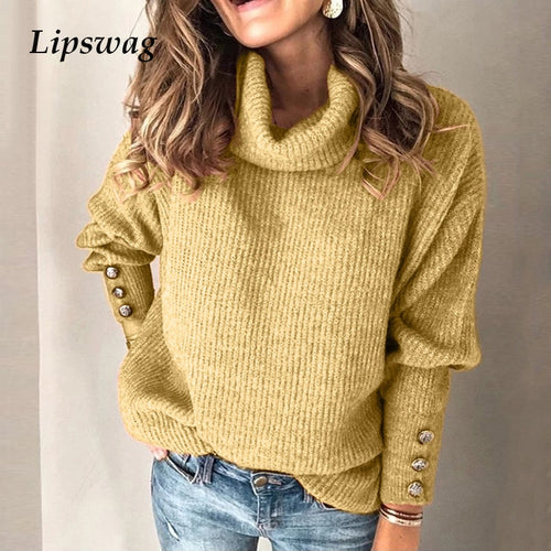 Turtleneck Knitted Sweaters Women Winter Autumn Long Sleeve Rivet Pullover Sweater Casual Loose Pullover Sweaters Tops S-5XL