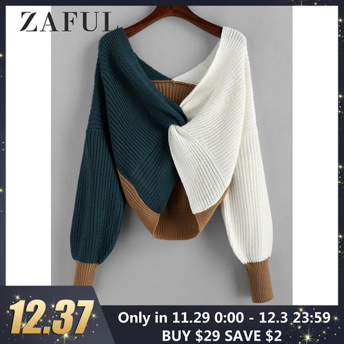 ZAFUL Cotton Sweater Women Pull Femme Plunge Color Blocking Twist Sweater 2019 Winter Pullovers Warm Loose Oversized Sweater